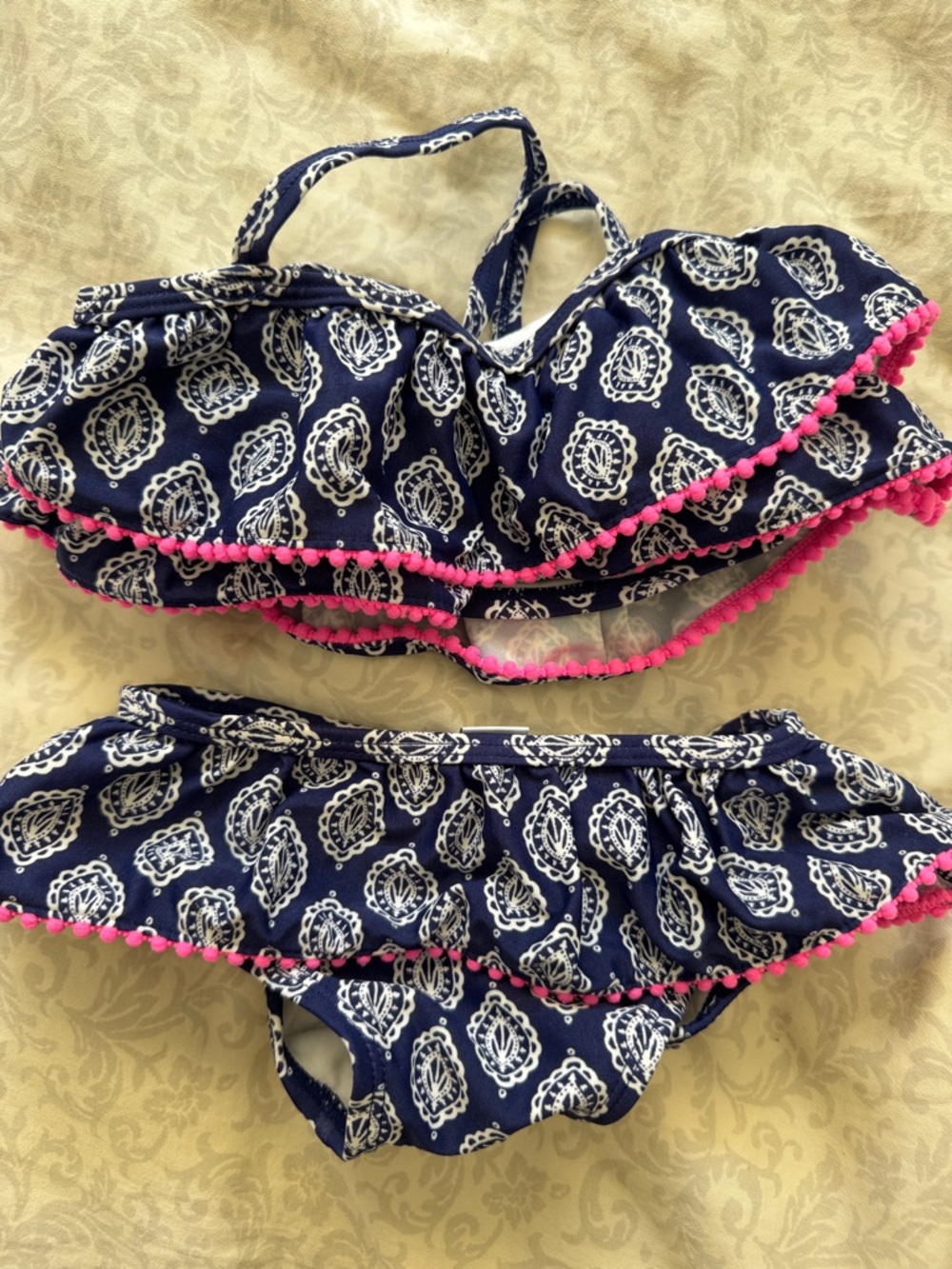 Girla Navy & Hot Pink Pom-Pom Ruffle Bikini - toddler 12-18m